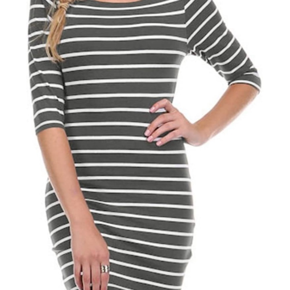 Gray/white striped, fitted, 3/4 sleeve t shirt dress